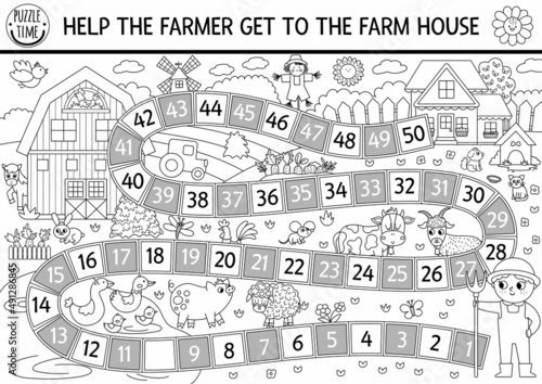 Farm black and white dice board game for children with village landscape. Countryside line boardgame with barn, garden.  Rural country coloring page. Help the farmer get to the farm house.