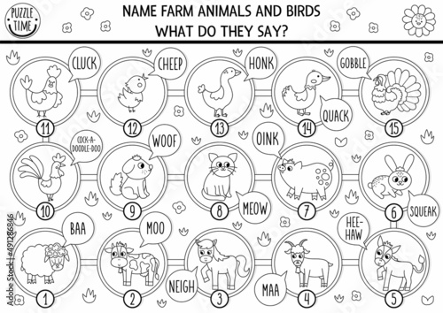Black and white board game for children with farm animals, birds and their sounds. Countryside line boardgame.  Rural country activity or coloring page. Name the animals, say moo, baa, oink.