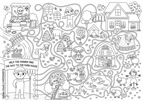 Black and white farm maze for kids with rural village landscape, animals, barn, cottage. Country side line printable activity. Labyrinth coloring page. Help the farmer find the way to farmhouse