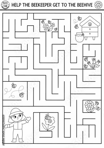 Black and white farm maze for kids with beekeeper and beehive. Country side line preschool printable activity with cute bees, flowers, honey jar. Geometric labyrinth coloring game or puzzle.