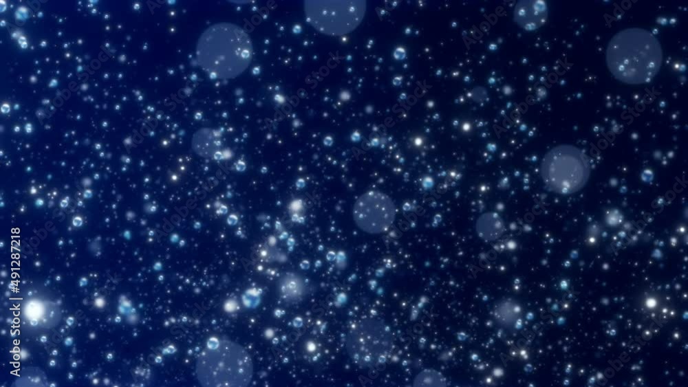 Blue Air Bubbles Background. Air bubbles and glowing bokeh particles move from left to right on a dark blue background.