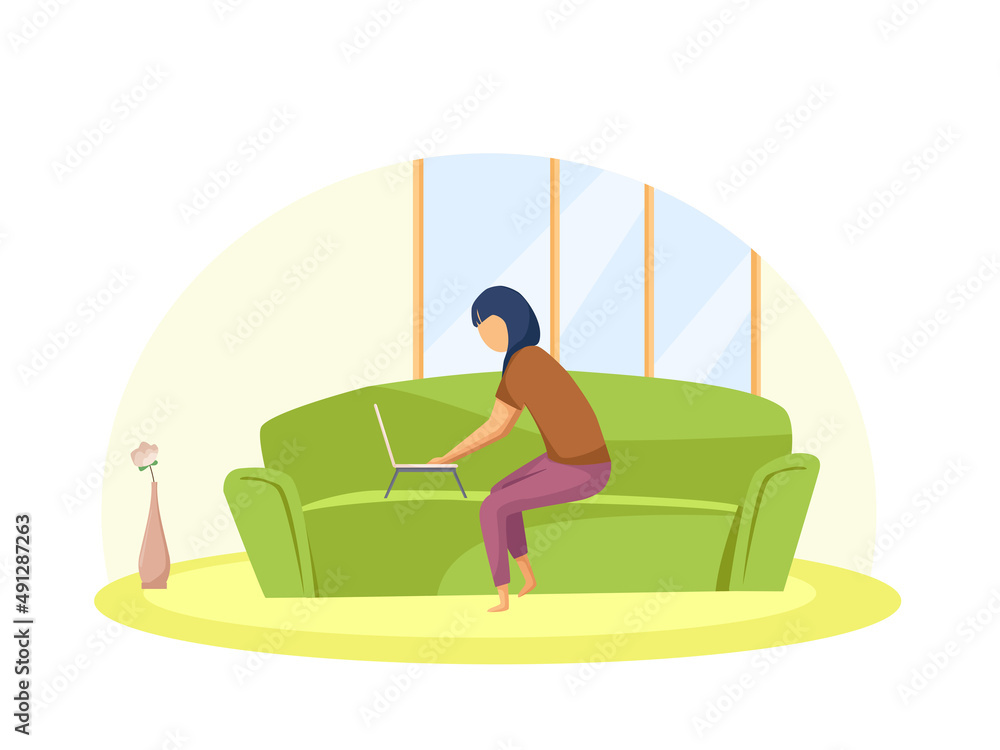 Woman working or studying at home on the couch. Distance learning, freelance, online. Home office concept. Vector cartoon illustration.