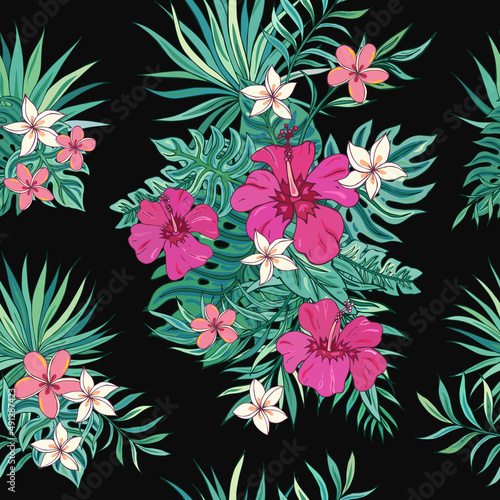 Tropic seamless pattern with hibiscus, plumeria and tropical leaves. Summer decoration print for wrapping, wallpaper, fabric. Seamless vector texture. Tropical bouquet flowers.