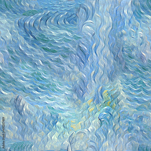 Sea wave seamless tileable texture illustration. Tile pattern of digital painting in impressionism style for wallpaper or fabric. Generative AI photo