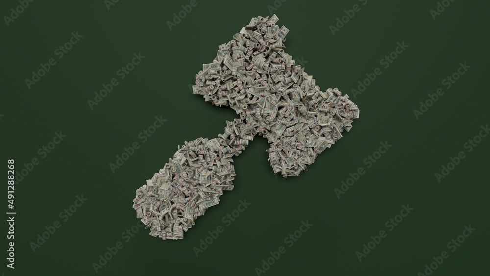 3d rendering of dollar cash rolls and stacks in shape of symbol of gavel on green background 3d rendering of dollar cash rolls and stacks in shape of symbol of gavel on green background