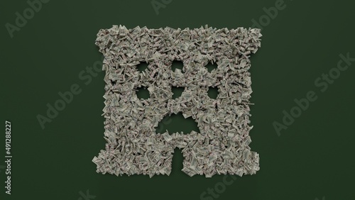 3d rendering of dollar cash rolls and stacks in shape of symbol of hotel on green background