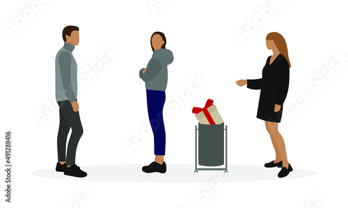 A male character and two female characters are standing near a trash can with a gift box on a white background