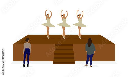 Three ballerinas are dancing on stage and two female characters are looking at them on a white background