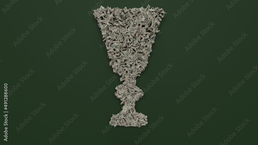 3d rendering of dollar cash rolls and stacks in shape of symbol of glass on green background