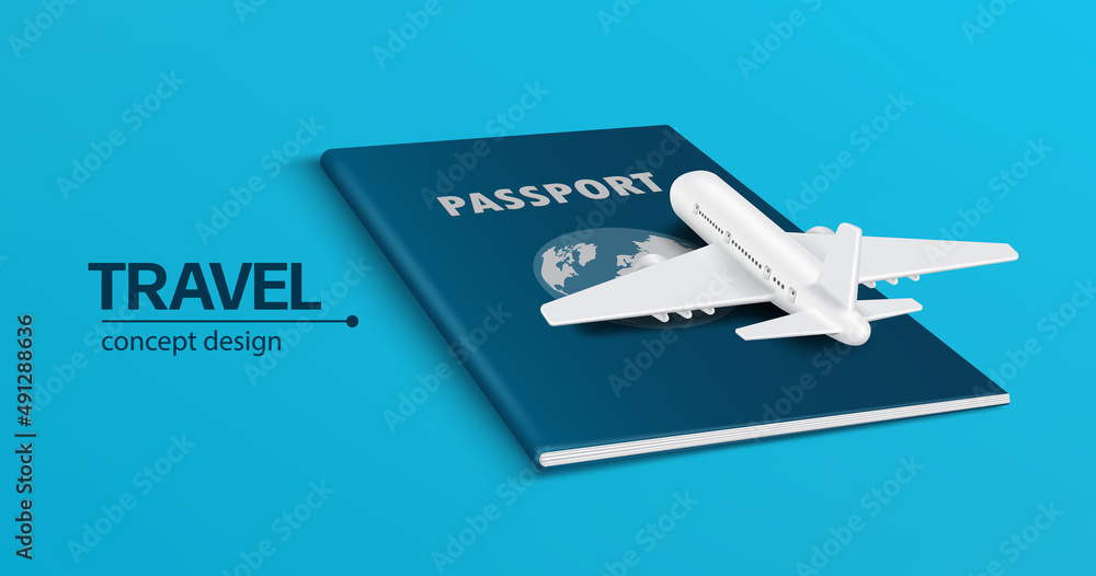The airplane is parked on a dark blue passport and all laid on a blue background for making advertising media about travel,vector 3d virtual for design The airplane is parked on a dark blue passport and all laid on a blue background for making advertising media about travel,vector 3d virtual for design