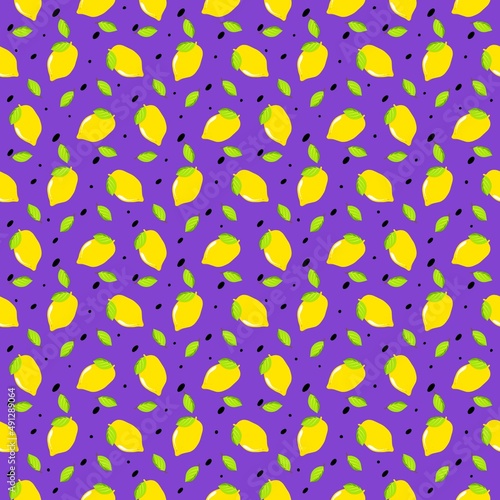 Seamless pattern yellow Lemon and leaves fruit on purple background.Bright of delicious fruit illustration used for background