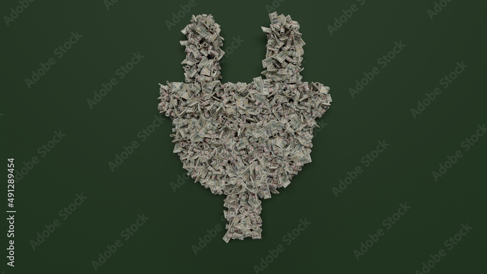 3d rendering of dollar cash rolls and stacks in shape of symbol of plug on green background