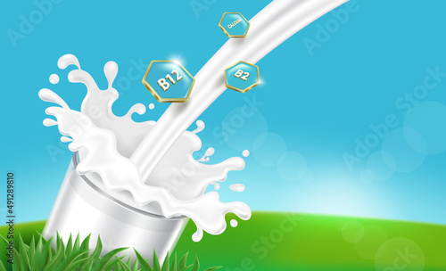 Pour fresh milk with nutrients into a glass and the milk splashes out. and a glass of milk placed on lawn in the soft sunlight morning glow from behind,vector 3d for food and drink advertising design