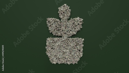 3d rendering of dollar cash rolls and stacks in shape of symbol of plant on green background