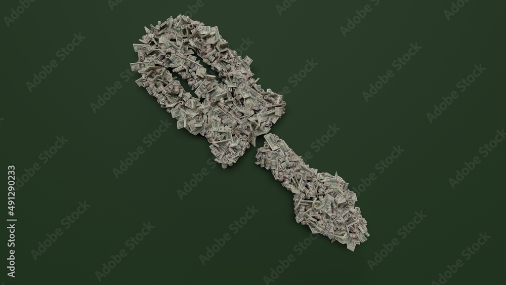 3d rendering of dollar cash rolls and stacks in shape of symbol of screwdriver on green background 3d rendering of dollar cash rolls and stacks in shape of symbol of screwdriver on green background