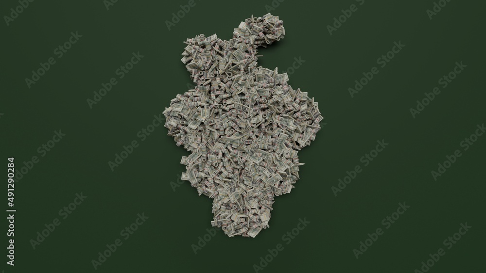 3d rendering of dollar cash rolls and stacks in shape of symbol of grape on green background 3d rendering of dollar cash rolls and stacks in shape of symbol of grape on green background