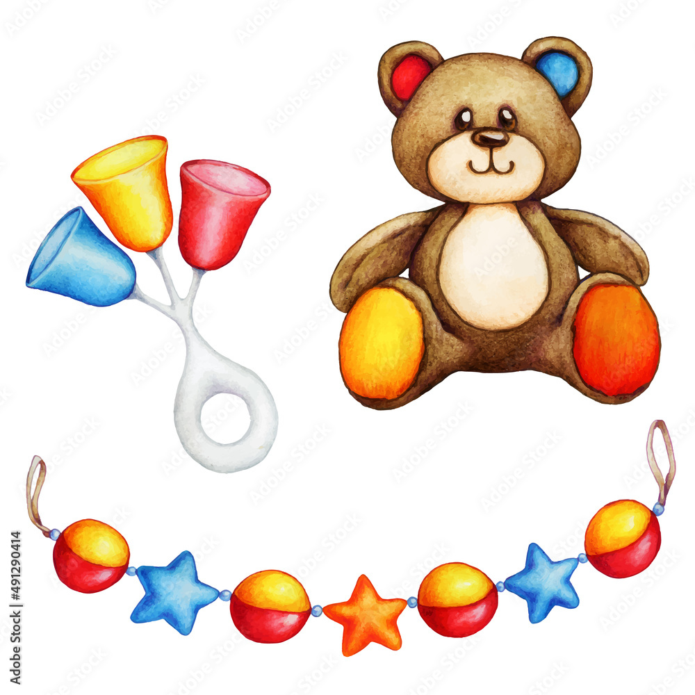 Ταπετσαρία watercolor hand drawn of baby toys