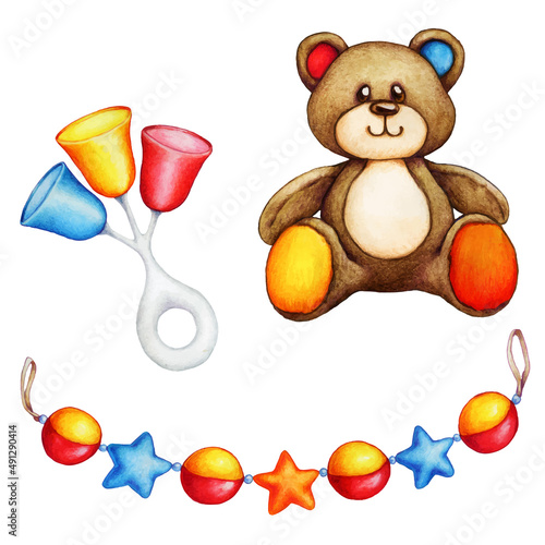 Принти на полотні watercolor hand drawn of baby toys