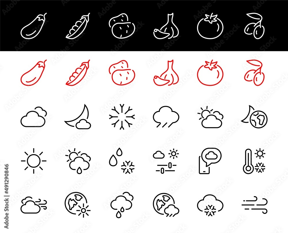 WEATHER set of icons, icons such as weather forecast and clouds, wind ...