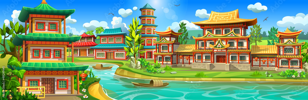 A large Asian village of national houses, on the banks of a mountain river. Palaces, temples, pagodas surrounded by picturesque nature.