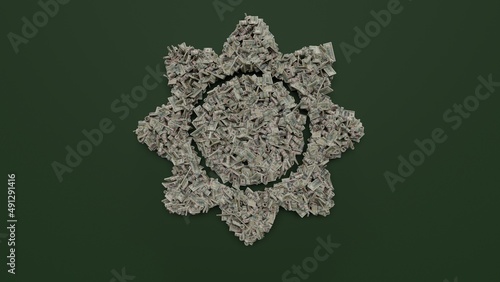 3d rendering of dollar cash rolls and stacks in shape of symbol of sunflower on green background