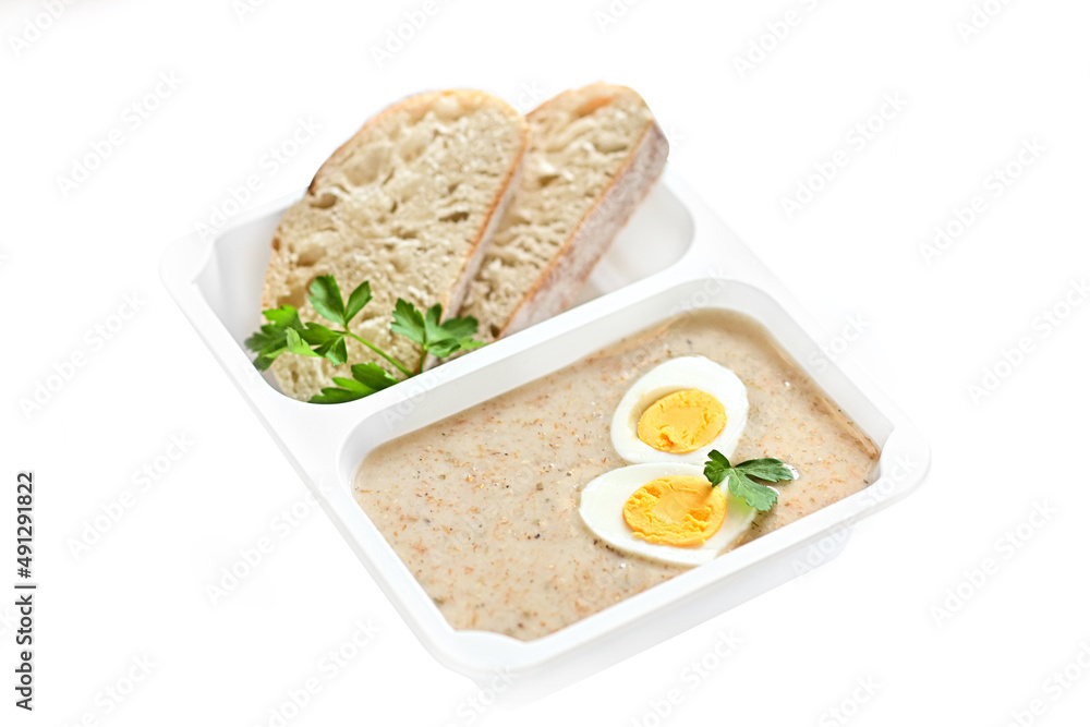 Tasty box diet. White borscht with egg, Easter. - obrazy, fototapety, plakaty 