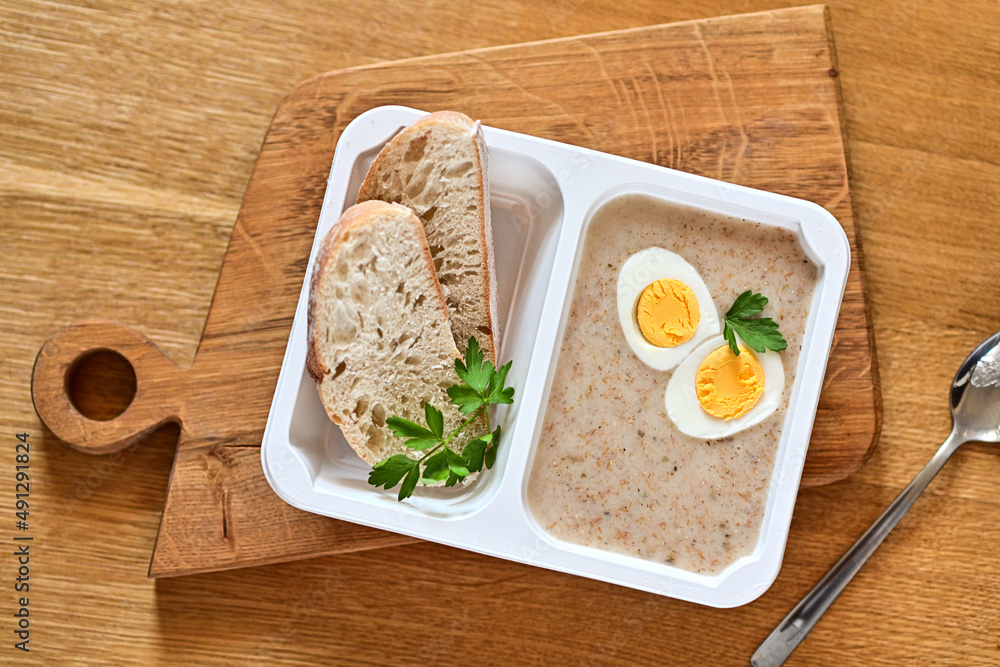 Tasty box diet. White borscht with egg, Easter. - obrazy, fototapety, plakaty 