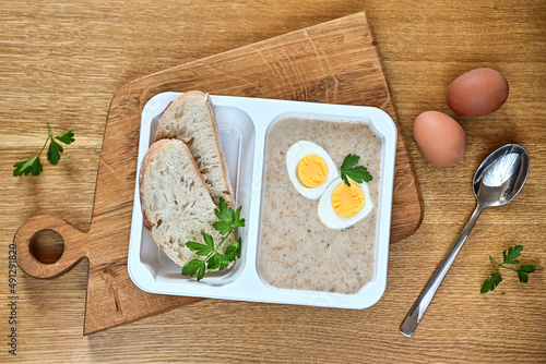 Tasty box diet. White borscht with egg, Easter.