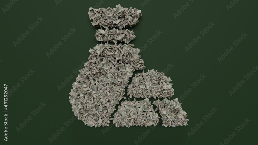 3d rendering of dollar cash rolls and stacks in shape of symbol of gold ingot on green background 3d rendering of dollar cash rolls and stacks in shape of symbol of gold ingot on green background