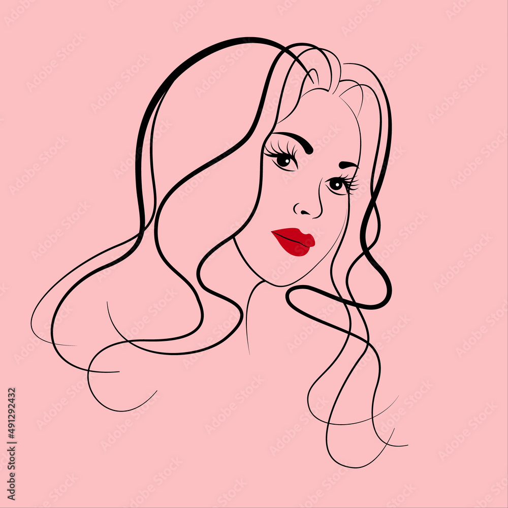 Fashion and leisure. In the contours of the face of a certain young pretty woman. Thin linear vector illustration on a pink background Fashion and leisure. In the contours of the face of a certain young pretty woman. Thin linear vector illustration on a pink background