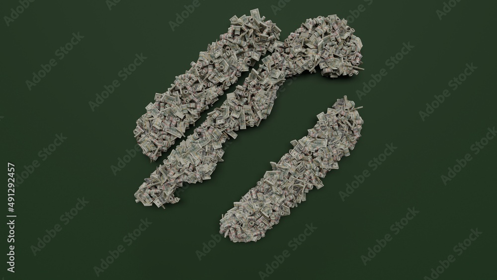 3d rendering of dollar cash rolls and stacks in shape of symbol of hotdog on green background 3d rendering of dollar cash rolls and stacks in shape of symbol of hotdog on green background