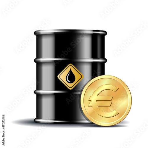 Oil barrel and gold euro currency coin isolated on white