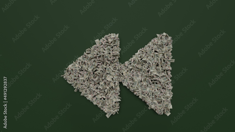 3d rendering of dollar cash rolls and stacks in shape of symbol of backward on green background 3d rendering of dollar cash rolls and stacks in shape of symbol of backward on green background