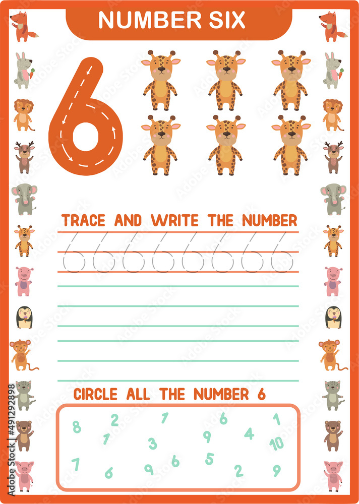 Printable preschool handwriting number 6 worksheet - Digital download - tracing and spelling ...