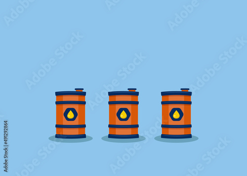 vector flat illustration, three barrels of oil on a light blue background. concept of fuel, energy, raw resource
