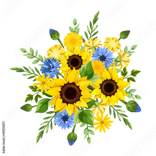 Bouquet of blue and yellow sunflowers, cornflowers, dandelion flowers, and green leaves isolated on a white background. Vector illustration