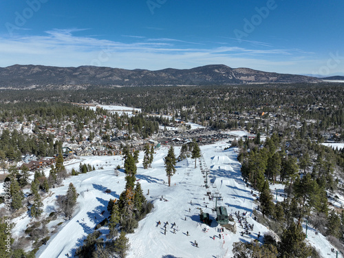 Aerial view of mountain ski resort with beautiful winter landscape in Big Bear Lake