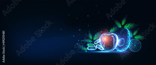 Futuristic fruits and vegetables banner with glowing low polygonal isolated on dark blue background.