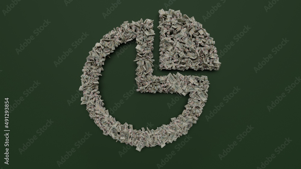3d rendering of dollar cash rolls and stacks in shape of symbol of pie chart on green background 3d rendering of dollar cash rolls and stacks in shape of symbol of pie chart on green background