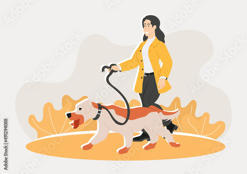 Woman is walking with a dog illustration in a flat style