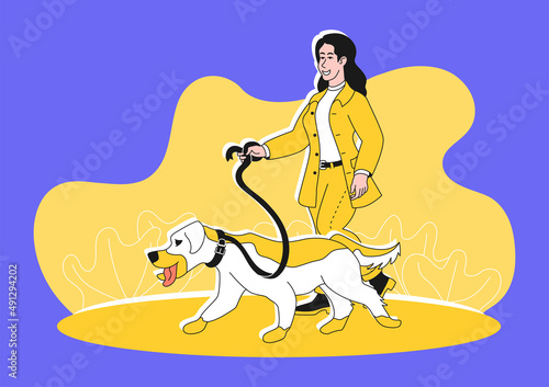 Woman is walking with a dog llustration in a flat style