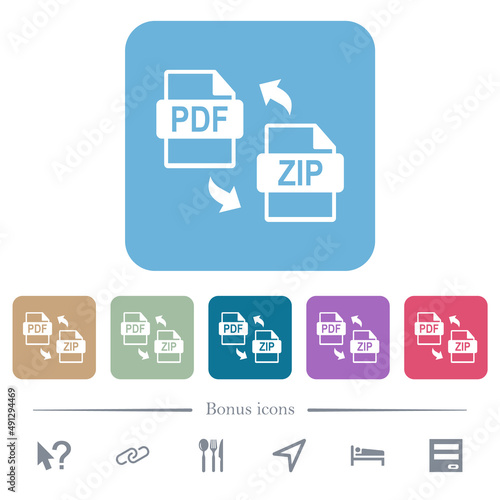PDF ZIP file compression flat icons on color rounded square backgrounds