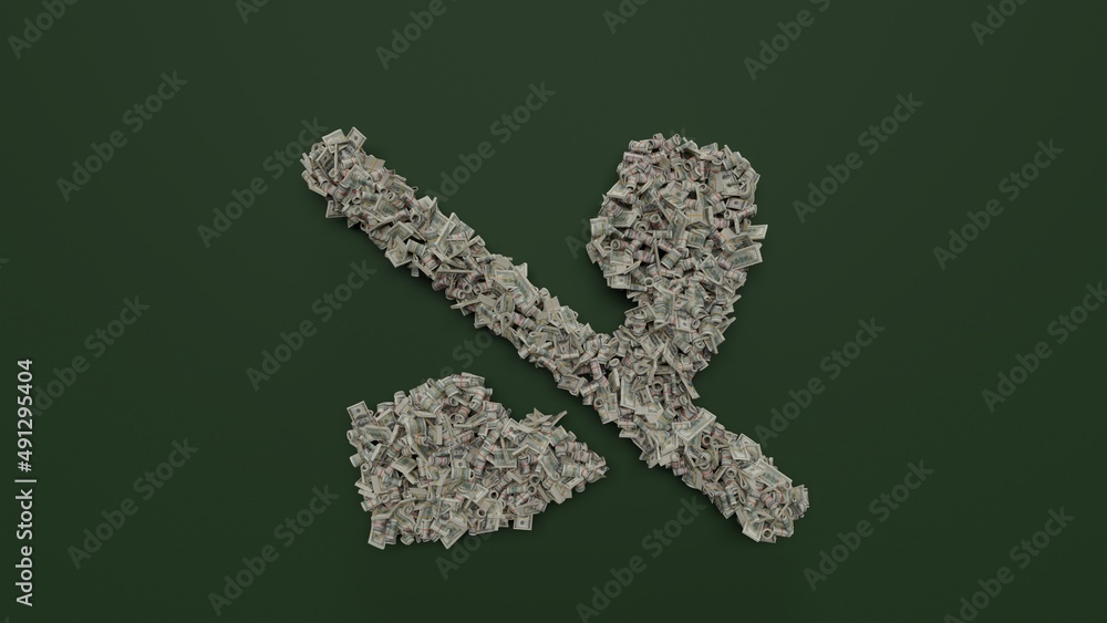 3d rendering of dollar cash rolls and stacks in shape of symbol of phone slash on green background 3d rendering of dollar cash rolls and stacks in shape of symbol of phone slash on green background