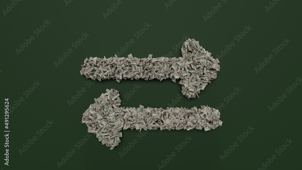 3d rendering of dollar cash rolls and stacks in shape of symbol of exchange alt on green background 3d rendering of dollar cash rolls and stacks in shape of symbol of exchange alt on green background