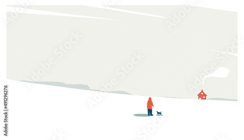 Vector illustration of minimal winter background.A small village in snow mountain.People enjoy winter. 
