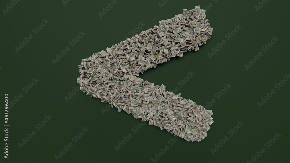 3d rendering of dollar cash rolls and stacks in shape of symbol of less than on green background 3d rendering of dollar cash rolls and stacks in shape of symbol of less than on green background