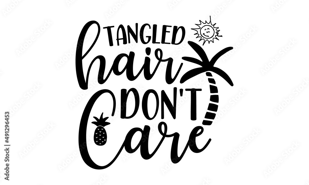 tangled-hair-don't-care, Brush lettering composition of Summer Vacation isolated on white background, Print on cup, bag, shirt, package, balloon, vector illustration
