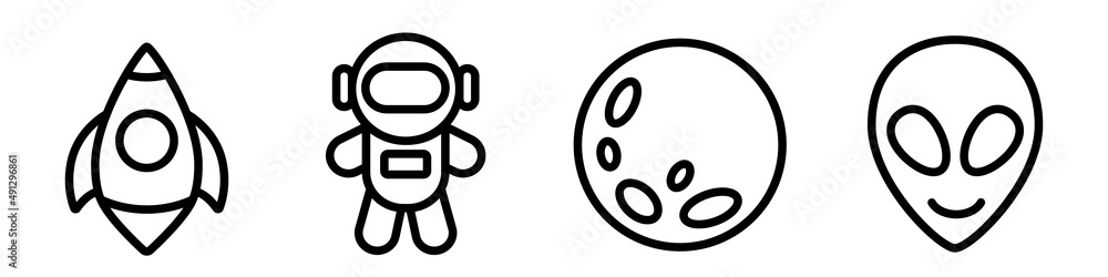 Space icons set. Astronaut, rocket, moon and alien. Vector silhouette. Clipart isolated on white background. Space icons set. Astronaut, rocket, moon and alien. Vector silhouette. Clipart isolated on white background.