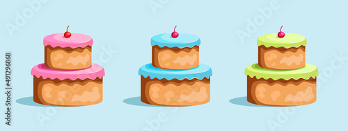 Cakes. Set of vector cartoon cakes. Two-story cake with multi-colored cream and a cherry. Vector clipart isolated on white background.