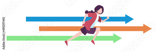 走る女性と矢印　ダッシュ　人物フラットイラスト　ベクター